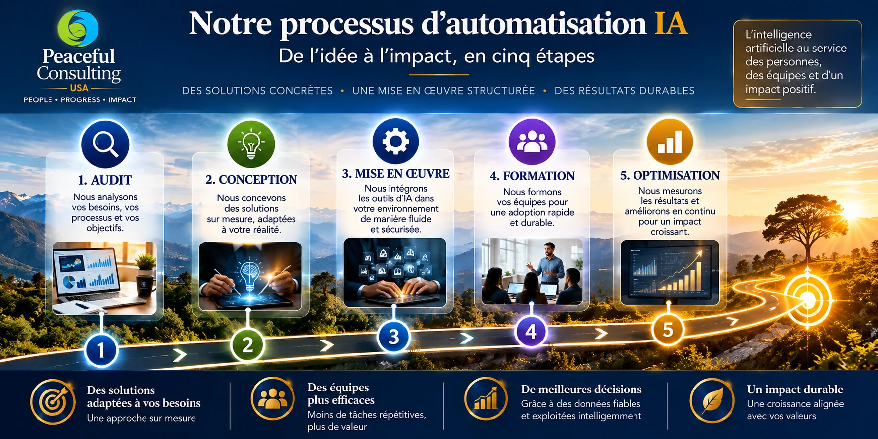 Notre processus d'automatisation IA en cinq etapes : audit, conception, mise en oeuvre, formation, optimisation