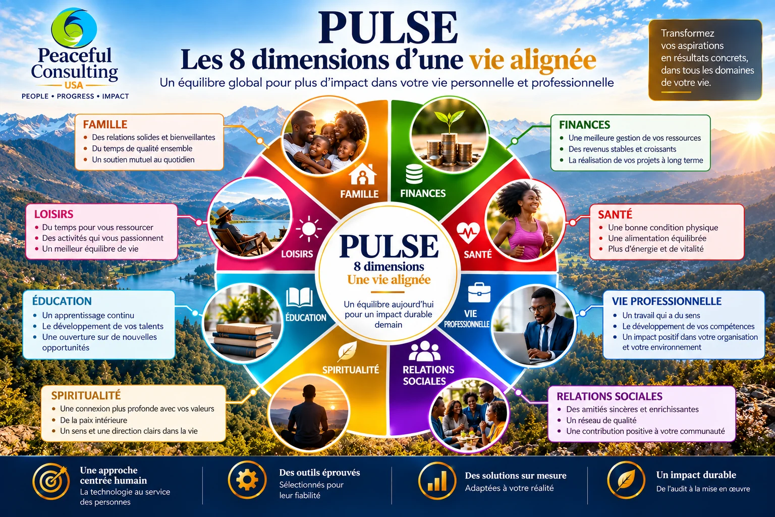 Les 8 dimensions PULSE d'une vie alignee : famille, finances, sante, vie professionnelle, relations sociales, spiritualite, education, loisirs